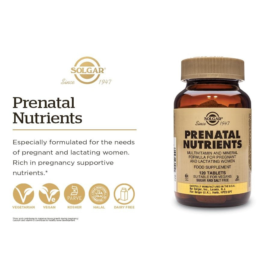 Solgar Prenatal Nutrients - 120 Tablets - Multivitamin & Mineral Formula for Pregnant & Lactating Women - Vegan, Kosher & Gluten Free - 30 Servings - Medaid International