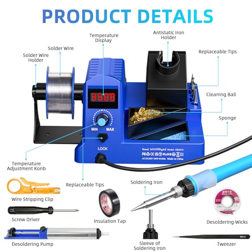 WaxRhyed - 100W Digital Soldering Station Kit with Auto Sleep, 5 Tips & Tweezers