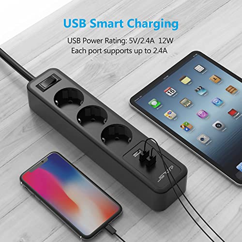 Jsver - Power Strip with 3 USB Ports, Surge Protection, Wall Mountable, 3680W