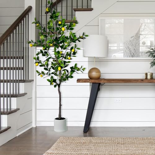 6ft Artificial Lemon Tree Indoor Outdoor - Faux Lemon Plant with Realistic Fruits & Natural Wood Trunk, Includes White Planter for Home, Office, Mall, Hotel, Living Room, Meeting Room Decor - Medaid International