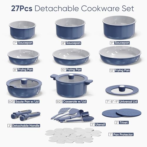 CAROTE 27pcs Ceramic Cookware Set Nonstick, Pots and Pans Set Non stick, Non Toxic Cookware, Dishwasher/Oven Safe, RV/Camping Cookware Set, Pan and Pot with Kitchen Utensils, Navy Blue|B0DPKB987C