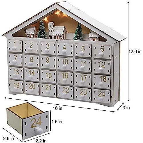 MorTime LED 24 Day Advent Calendar Decorated with Christmas Tree House and LED Lights, Lighted White Wooden Countdown to Christmas Calendar - Medaid International