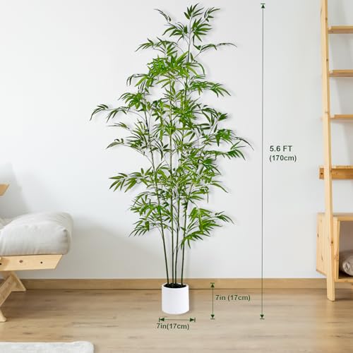 5.6ft Artificial Bamboo Tree with Tall White Planter - 4 Lifelike Natural Trunks & Silk Leaves, Realistic Faux Indoor Outdoor Plant for Home, Office, Living Room, Mall, Hotel, Garden Decor - Medaid International