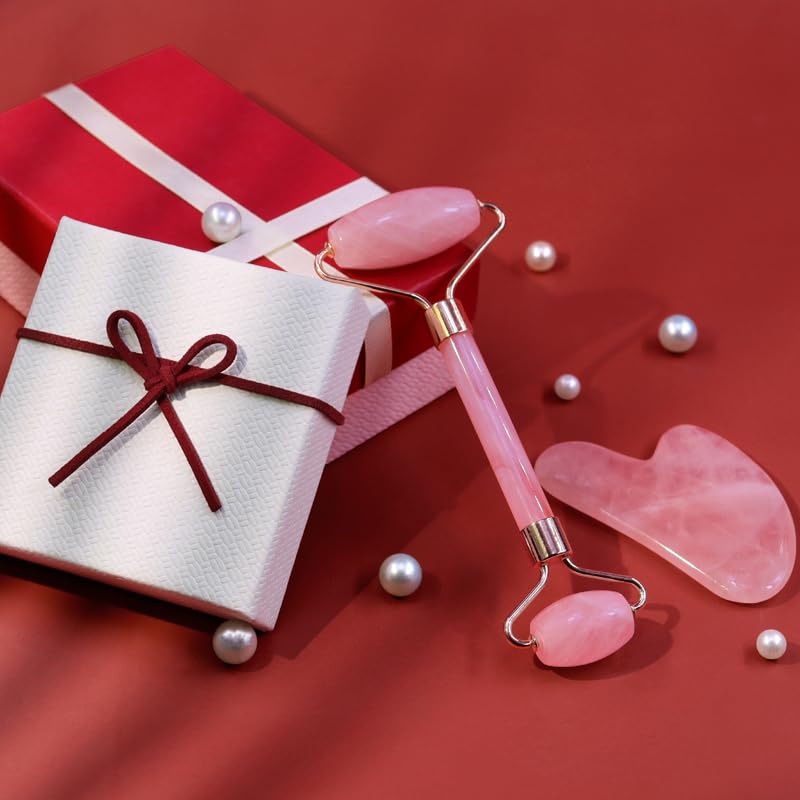 Face Roller & Gua Sha Facial Massage Tools for Skin Care, Puffiness Relief Redness Reducing Skin Care Routine, Self Care for Men Women - Pink - Medaid International