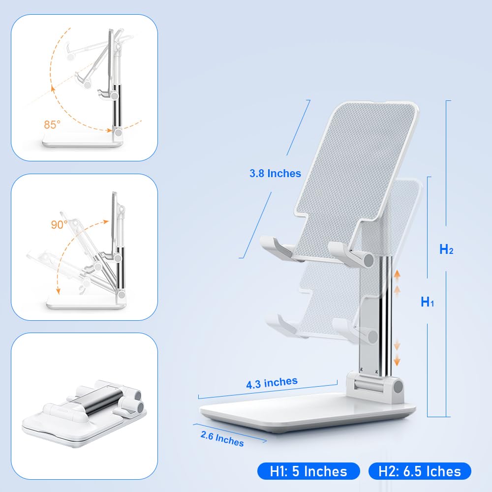 Cell Phone Stand, Angle Height Adjustable Cell Phone Holder with Silicon Pad for Desk Fully Forldable Mobile Phone Holder Compatible with All Mobile Phones, MT-6, (White) - Medaid International