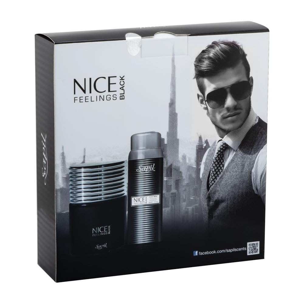 Sapil Nice Feeling Black - Eau De Toilette and Deodorant Spray For Men - Evokes Power and Sensuality - Opens with Citrus Notes - Beautiful Giftset Box - Perfect for Gift Giving Occasion - 2 Pc - Medaid International