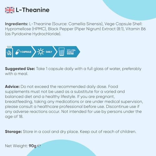 L-Theanine 408mg - 180 Capsules - 6 Months Supply | with Vitamin B6 & Black Pepper | 1 Capsule per Day | Vegan, Gluten-Free & Non-GMO - L Theanine Supplement for Men & Women - Made in Europe|B091FV1FHQ