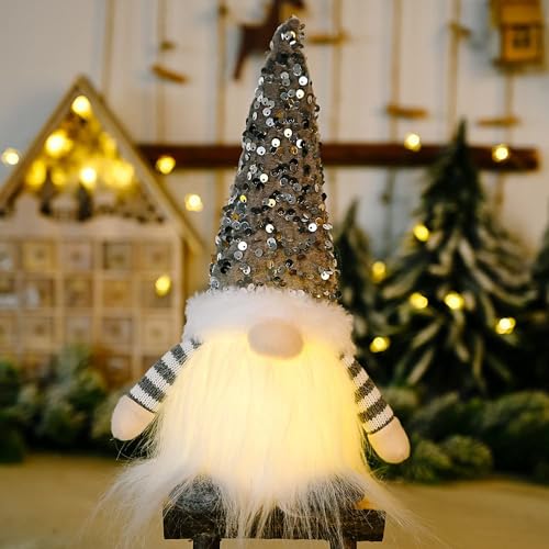 TAPIT Christmas Gnome Hanging Ornaments with Led Lights Handmade Swedish Tomte Plush Scandinavian Santa Elf Ornaments Valentine's Day Xmas Home Decorations (Grey) - Medaid International