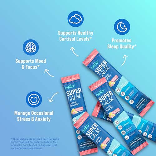 Nello Supercalm Powdered Drink Mix, Raspberry Lemonade, L Theanine, Ksm-66 Ashwagandha, Magnesium Glycinate, Vitamin D 3, Supplements for Relaxation & Focus, No Sugar, Non GMO, On The Go, 20 Ct - Medaid International