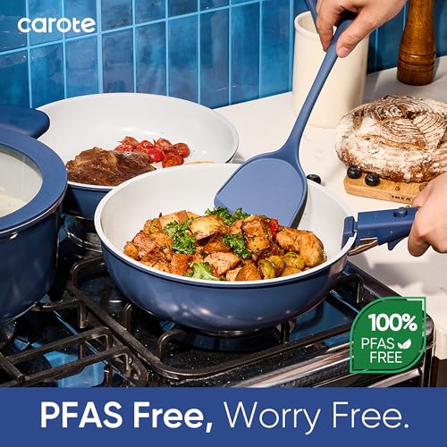 CAROTE 27pcs Ceramic Cookware Set Nonstick, Pots and Pans Set Non stick, Non Toxic Cookware, Dishwasher/Oven Safe, RV/Camping Cookware Set, Pan and Pot with Kitchen Utensils, Navy Blue|B0DPKB987C