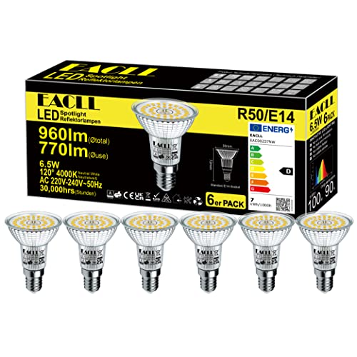 Eacll - E14 LED Neutral White 6.5W, 770 Lumens, 4000K, Pack of 6