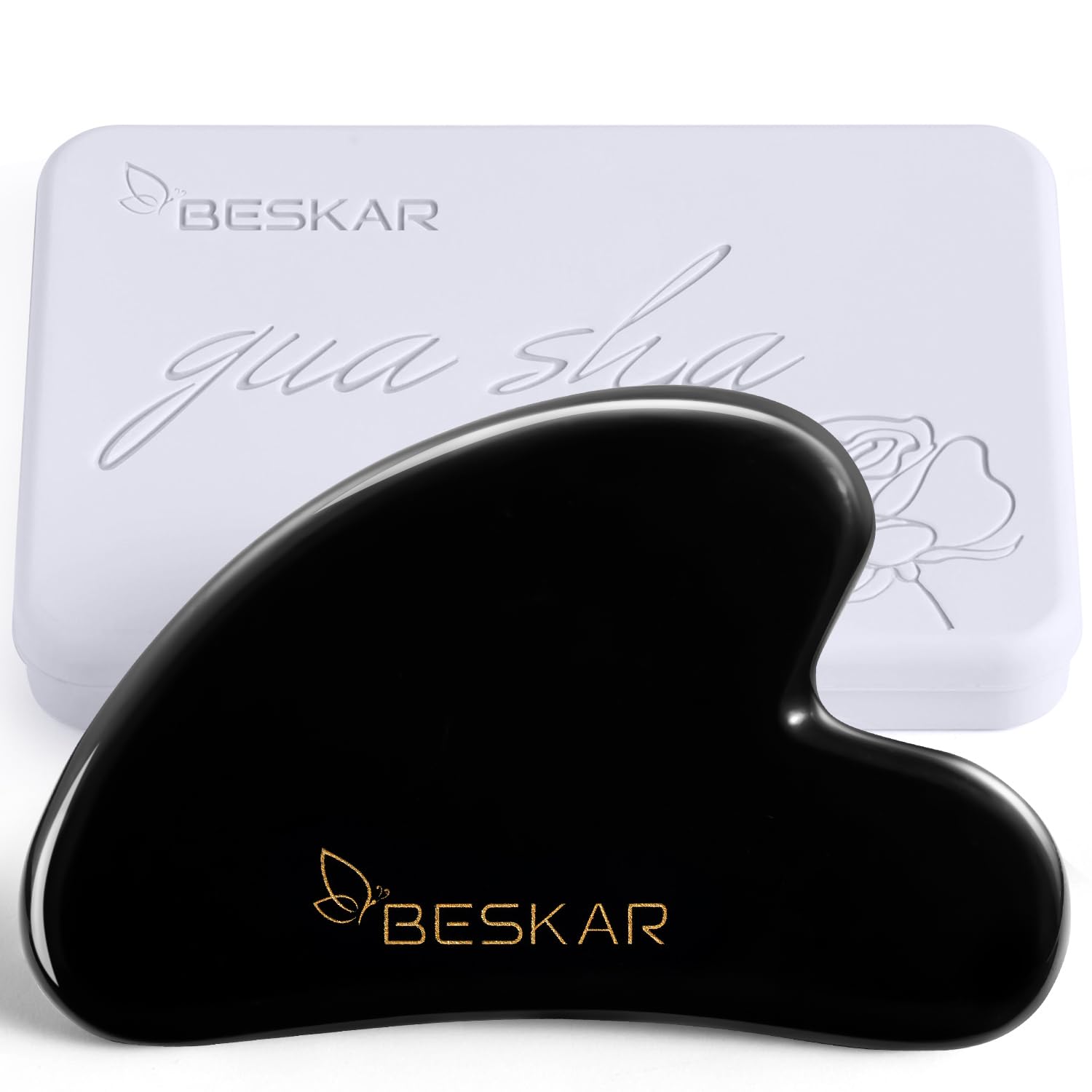 BESKAR Gua Sha Facial Tools, Natural Jade Stone Guasha Massager for Jawline Sculpting, Tighten Face Skin and Reduce Wrinkles, Face Eyes Body Neck Massage Tool, Skin Care Gift (Black) - Medaid International