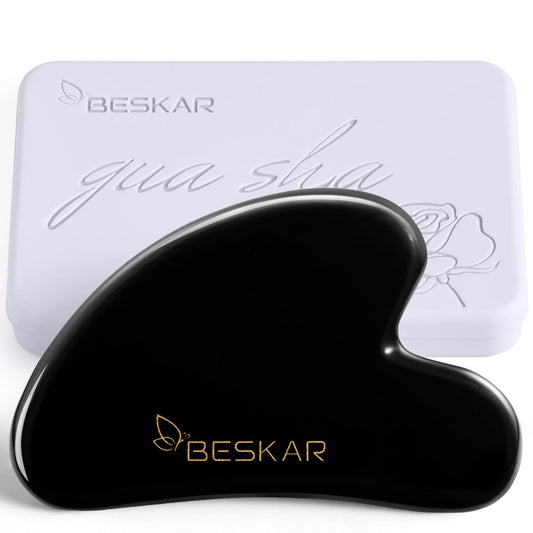 BESKAR Gua Sha Facial Tools, Natural Jade Stone Guasha Massager for Jawline Sculpting, Tighten Face Skin and Reduce Wrinkles, Face Eyes Body Neck Massage Tool, Skin Care Gift (Black) - Medaid International