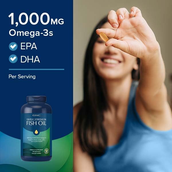 GNC Triple Strength Fish Oil Omega 3 Supplement, 1000mg EPA and DHA, Supports Heart, Brain, Skin, Eye and Joint Health, 60 Softgels - Medaid International