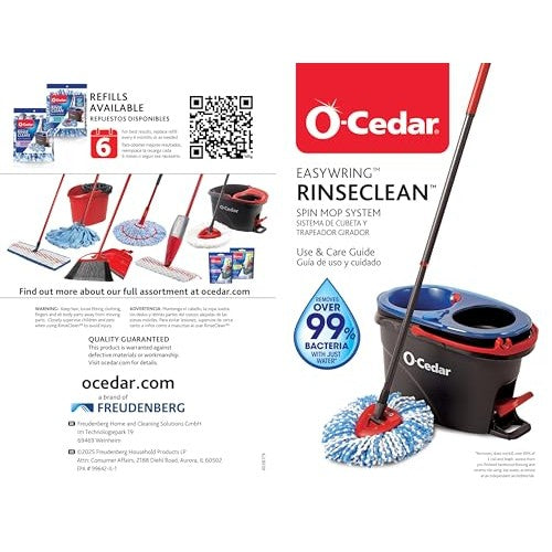 O-Cedar RinseClean Spin Mop & Bucket System + 2 Extra Mop Heads| Clean with Clean Water | Removes 99% of Bacteria - Medaid International