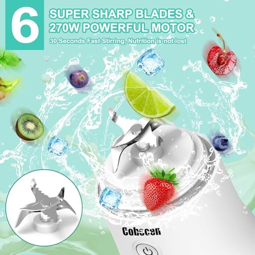 Cobocen - Portable Mini Blender, 270W Waterproof, 6 Blades, USB Rechargeable