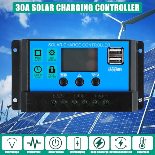 30A - PWM Solar Charge Controller, 12V/24V, USB, LCD Display, Multiple Modes