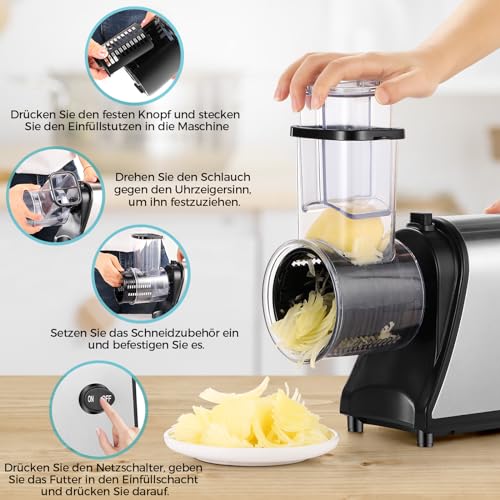 Nictemaw - Electric Stainless Steel 250W Vegetable Grater with 5 Blades, Large Filling Slot for Easy Use