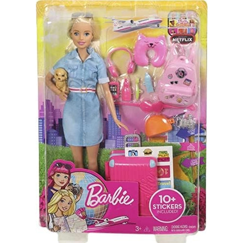 Barbie Travel Doll, Blonde, With Puppy, Opening Suitcase, Stickers And 10+ Accessories, For 3 To 7 Year Olds, Multicolor - Medaid - Lebanon