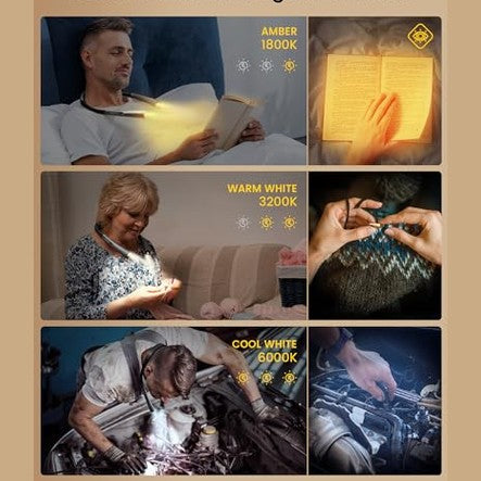 Glocusent - Upgraded LED Neck Reading Light, 30-min Timer, 3 Colors, Rechargeable