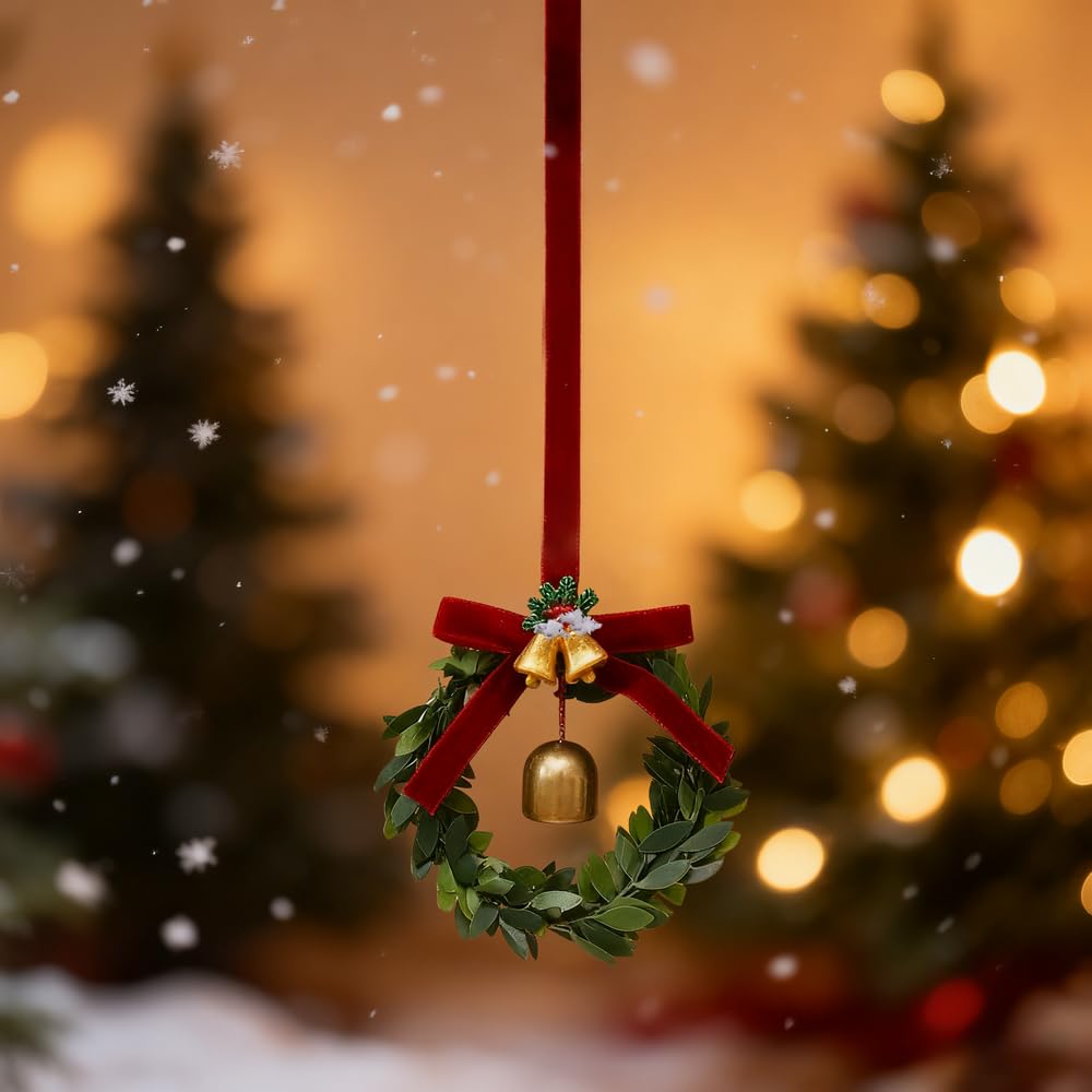 Christmas Bell Wreath Ornament, Festive Jingle Bell Wreath for Christmas Tree Decoration, Hanging Ornament for Home Party Xmas Tree Decor,Green Leaf Bell - Medaid International