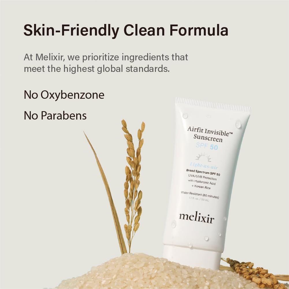Melixir Airfit Invisible™ Sunscreen SPF 50, Broad Spectrum Korean Rice Sunscreen for Face, Hyaluronic Acid, Moisturizing Daily Protection for Sensitive Skin, No White Cast, Waterproof (1.7fl.oz./50ml) - Medaid International