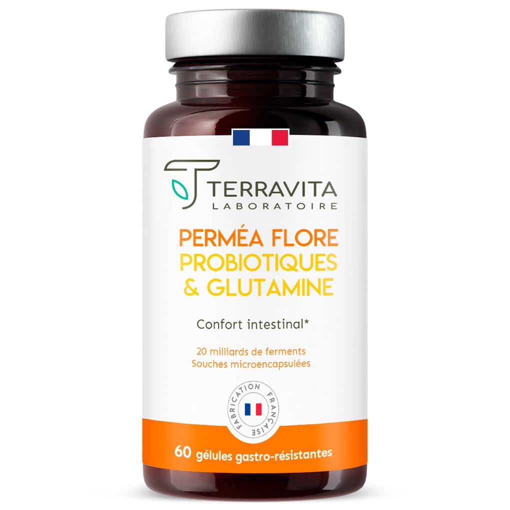 Permea Flore | PROBIOTIQUES + GLUTAMINE | Flore Intestinale et Cicatrisation de la Muqueuse | Idéal Contre la Perméabilité Intestinale | 60 Gélules Gastro-résistantes | Made in France | Terravita - Medaid International