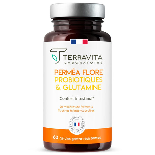 Permea Flore | PROBIOTIQUES + GLUTAMINE | Flore Intestinale et Cicatrisation de la Muqueuse | Idéal Contre la Perméabilité Intestinale | 60 Gélules Gastro-résistantes | Made in France | Terravita - Medaid International