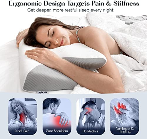 SUTERA - Dream Deep Contour Memory Foam Pillow, Orthopedic Cervical Support for Neck, Shoulder and Back Pain Relief, Ergonomic Pillow for Side, Back and Stomach Sleepers, Washable Cover - White+Bag - Medaid International