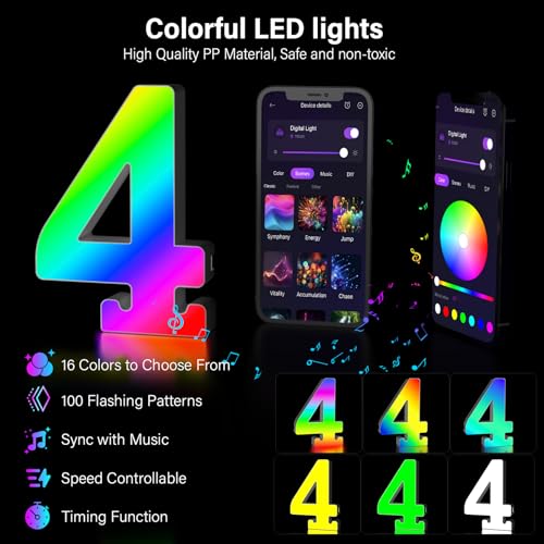 Kangtaixin - RGB Color Changing LED Number Lights, APP Control, Dimmable, USB Powered
