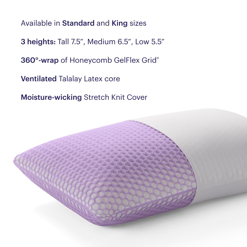Purple Harmony Pillow - Standard Tall, Greatest Pillow Ever Invented, 360º Hex Grid & Talalay Latex Core - No Pressure Support, Stays Cool, Luxurious Comfort - Medaid International