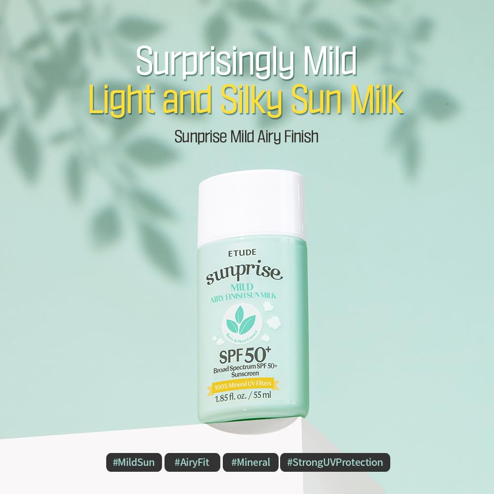 ETUDE Sunprise Sunscreen Mild Sun Milk SPF 50+ / PA++++ (55ml) | Sebum-free, Non-Sticky, Long Lasting Protection, 100% Mineral Korean Sunscreen for sensitive skin - Medaid International
