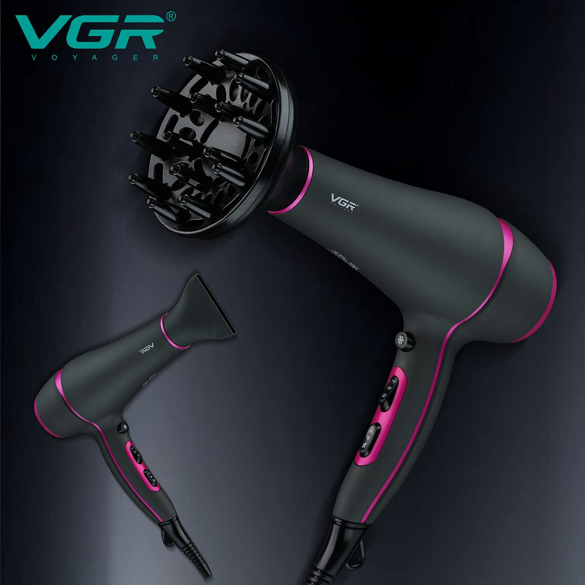 Vgr Professional Hair Dryer V402 - With Diffuser, Gray With Pink 2200W 3 Heating Settings - Medaid International