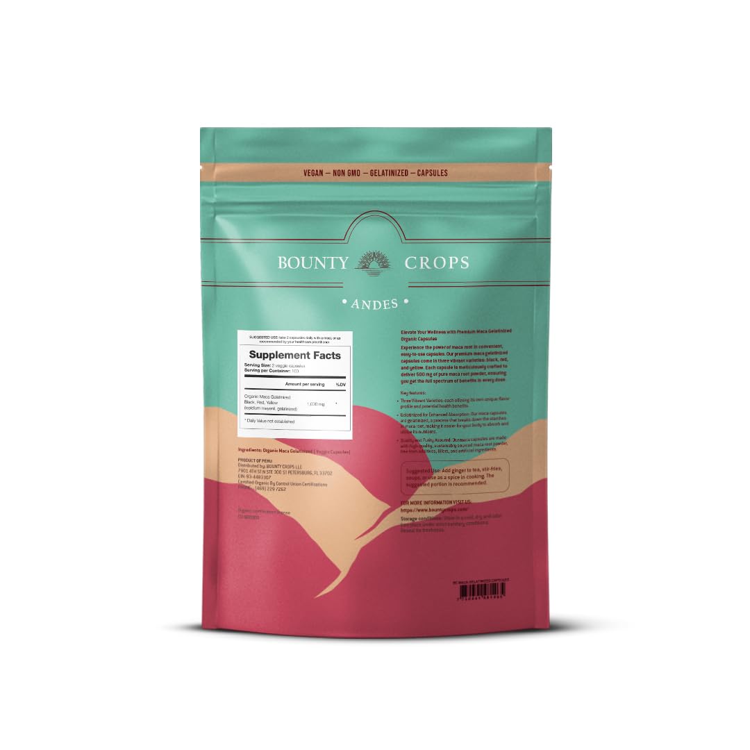 Bounty Crops Organic Maca Powder CAPSULES-1000 mg per Serving, Gelatinized, Non-GMO, 200 Vegan Capsules, Black, Red, and Yellow Peruvian Maca, Energy and Vitality Support. - Medaid International