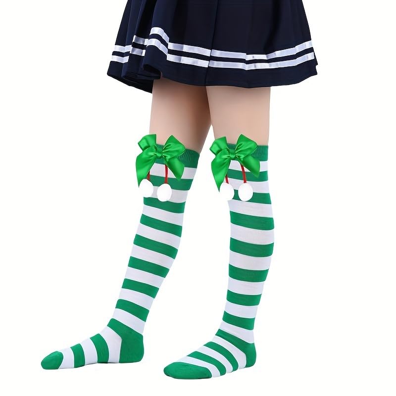 Christmas Striped Socks, Calf Socks with Bow and Ball Decorations xmas Stockings Party Knee Highs Christmas Gifts for Friends - Medaid International