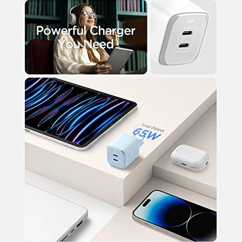 Spigen - 65W Dual USB-C Wall Charger with PD 3.0, Compact Design, Sierra Blue