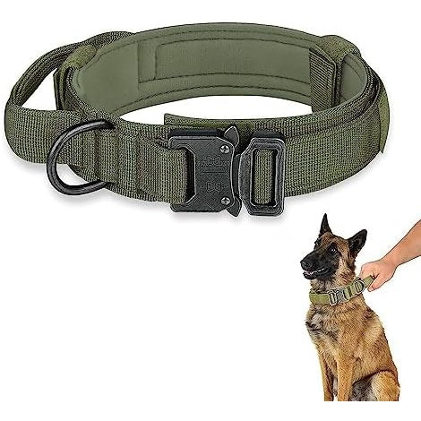 JZS Tactical Dog Collar, Adjustable Military Training Nylon Dog Collar with Control Handle and Heavy Metal Buckle for Medium and Large Dogs(Green,M) - Medaid - Lebanon