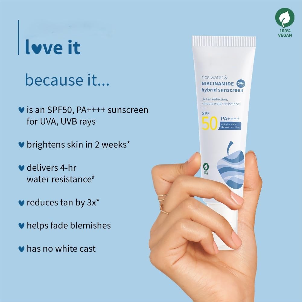 P.l.u-m. Rice Water & Niacinamide Hybrid Sunscreen, SPF 50 PA++++, 2% Niacinamide, 1.76 oz, Vegan - Medaid International