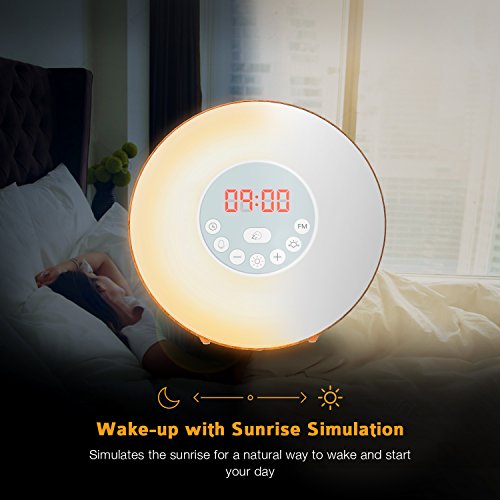 COULAX - Wake Up Light Wood Grain Sunrise Alarm Clock with FM Radio & Snooze Function