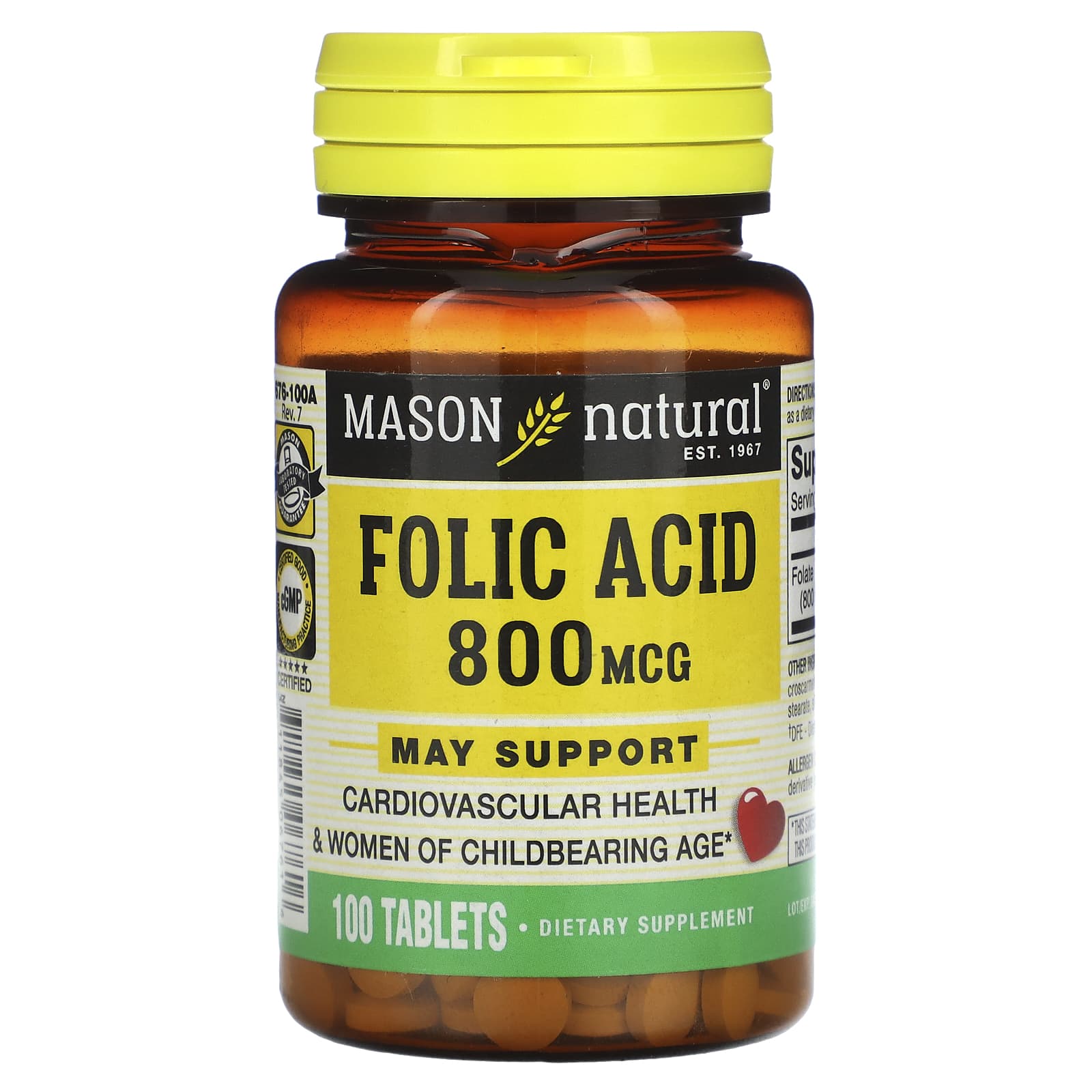 Mason Natural, Folic Acid, 800 mcg, 100 Tablets - Medaid International