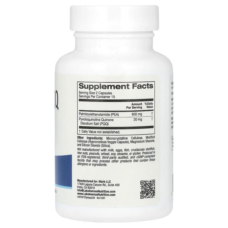 Lake Avenue Nutrition, PEA 300 mg + PQQ 10 mg, 30 Veggie Capsules - Medaid International