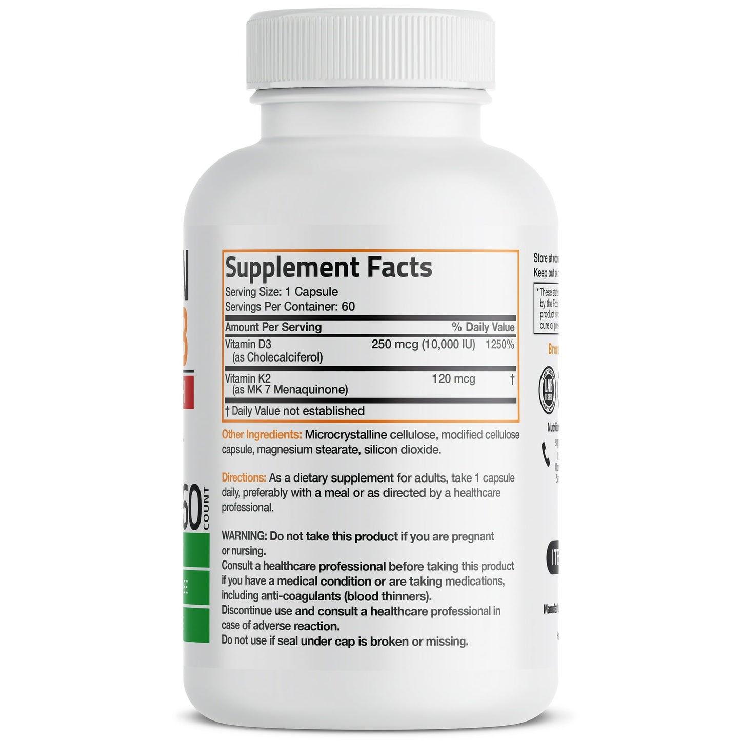 Bronson Vitamin K2 (MK7) with D3 Extra Strength Supplement Bone Health Non-GMO Formula 10,000 IU & 120 mcg MK-7 Easy to Swallow D K, 60 Capsules - Medaid International