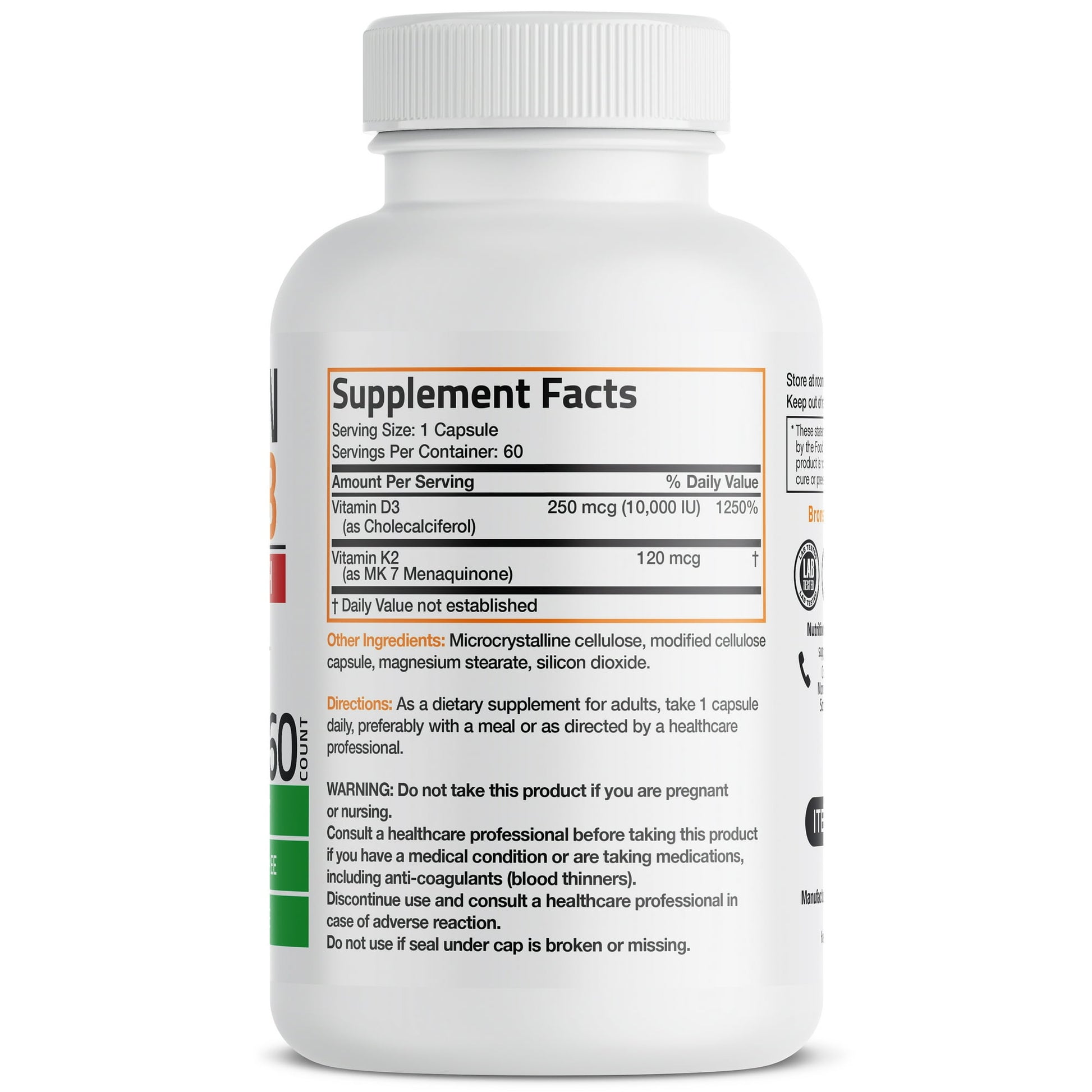 Bronson Vitamin K2 (MK7) with D3 Extra Strength Supplement Bone Health Non-GMO Formula 10,000 IU & 120 mcg MK-7 Easy to Swallow D K, 60 Capsules - Medaid International
