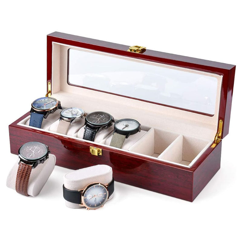 6 Slot Wooden Watch Box Display Storage Case with Glass Lid Lockable Wooden Watch Holder Organizer Brown - Medaid - Lebanon