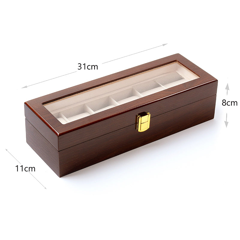 6 Slot Wooden Watch Box Display Storage Case with Glass Lid Lockable Wooden Watch Holder Organizer Brown - Medaid - Lebanon