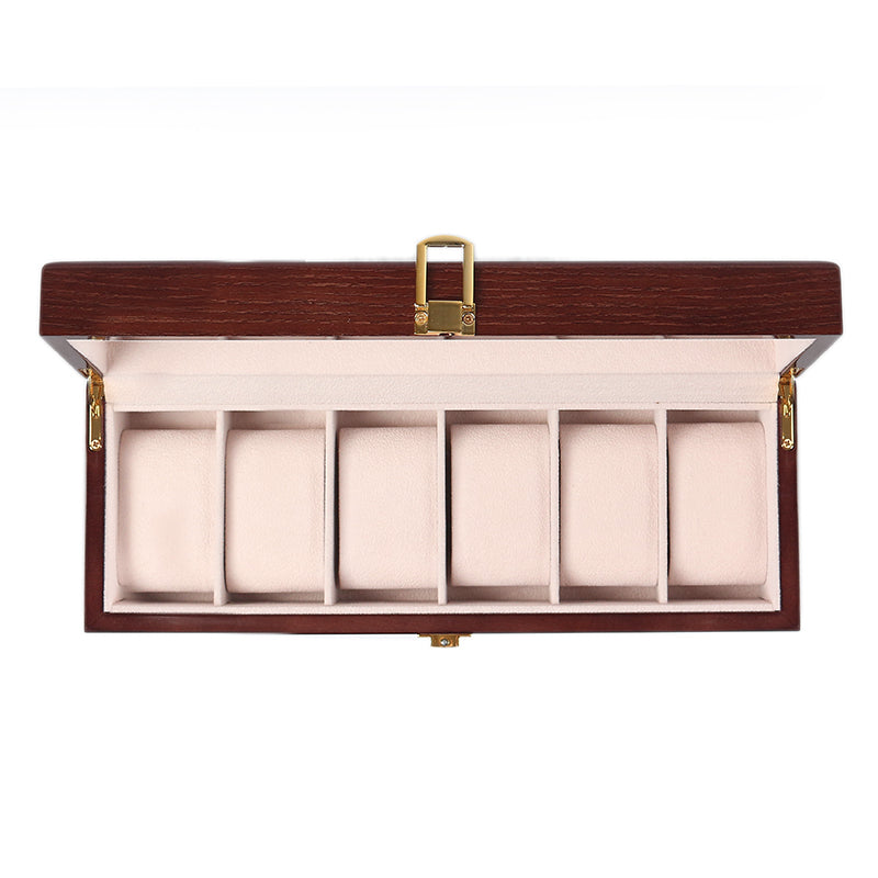 6 Slot Wooden Watch Box Display Storage Case with Glass Lid Lockable Wooden Watch Holder Organizer Brown - Medaid - Lebanon