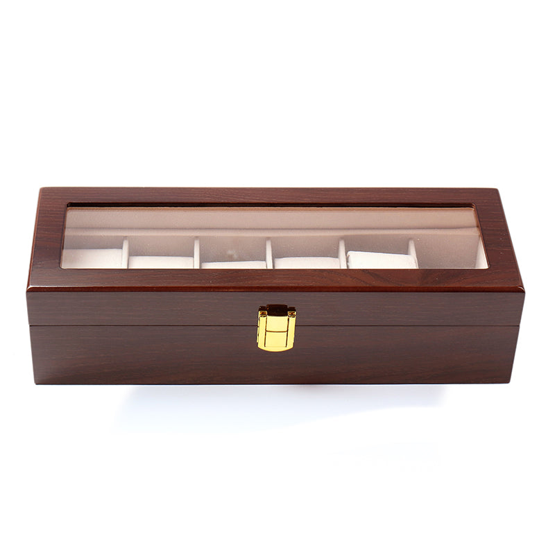 6 Slot Wooden Watch Box Display Storage Case with Glass Lid Lockable Wooden Watch Holder Organizer Brown - Medaid - Lebanon