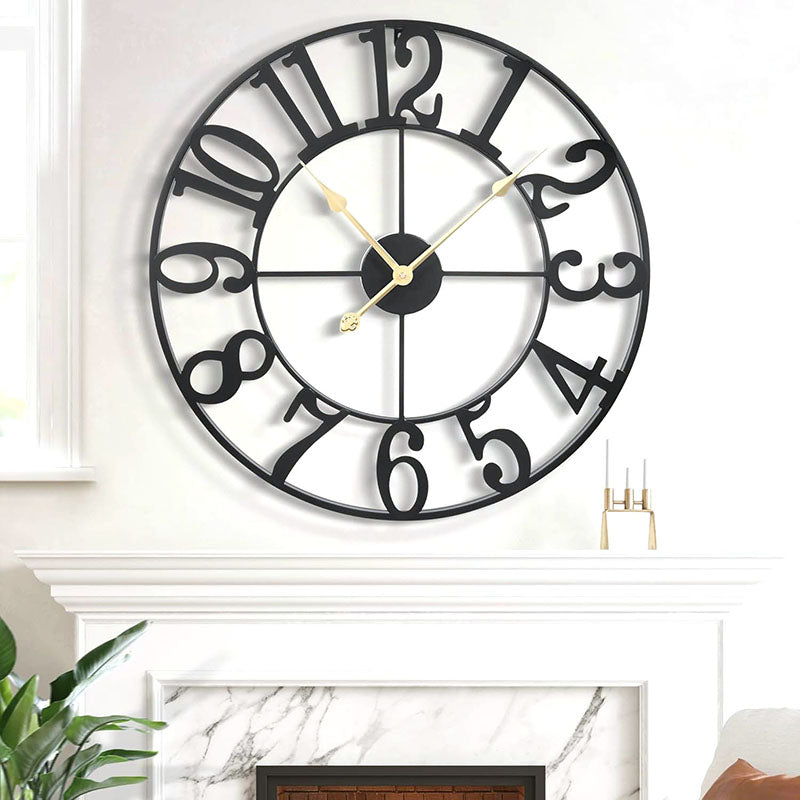 60 CM Large Wall Clock with Mirror and Wooden Back Metal Round Wall Clocks Non Ticking Battery Operated for Living Room Kitchen Bedroom Office Black - Medaid - Lebanon