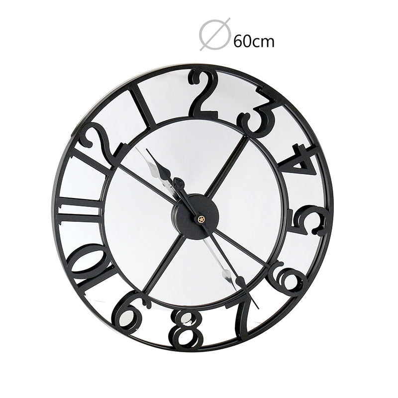 60 CM Large Wall Clock with Mirror and Wooden Back Metal Round Wall Clocks Non Ticking Battery Operated for Living Room Kitchen Bedroom Office Black - Medaid - Lebanon