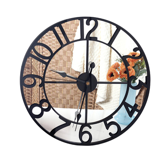 60 CM Large Wall Clock with Mirror and Wooden Back Metal Round Wall Clocks Non Ticking Battery Operated for Living Room Kitchen Bedroom Office Black - Medaid - Lebanon